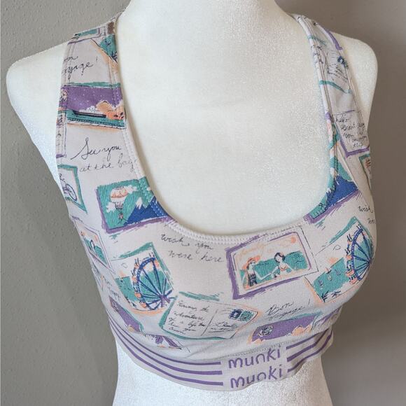 Munki Munki Bon Voyage Postcard Print Wireless Racerback Sports Bra Size Large - Picture 2 of 7
